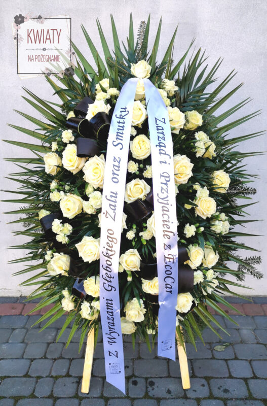 wieniec pogrzebowy z naturalnych kwiatów i z szarfą