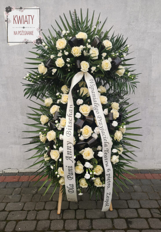 wieniec pogrzebowy z naturalnych kwiatów i z szarfą